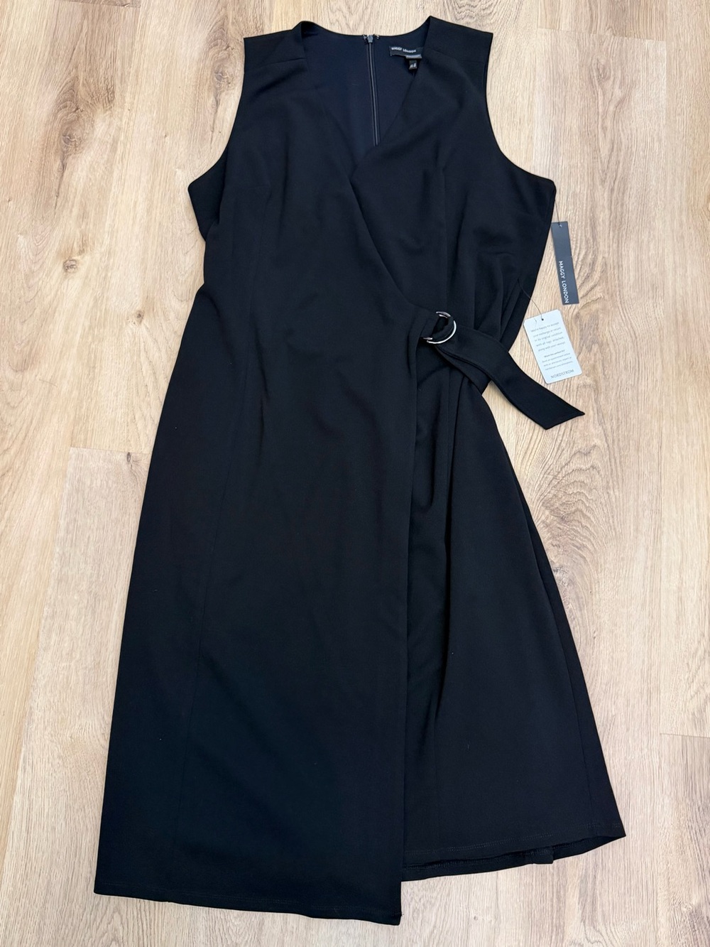 Maggy London Black Sleeveless Wrap Sheath Dress with D-Ring Belt